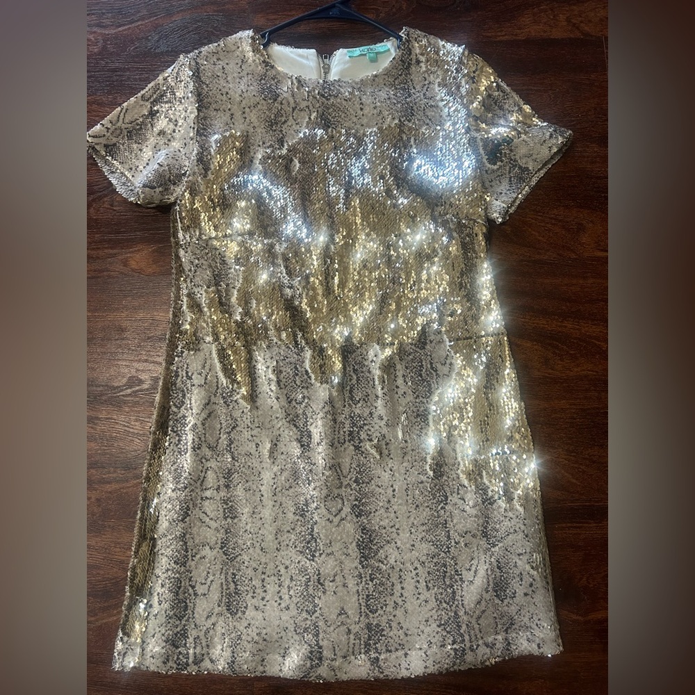 Karlie Sequin Party Club Mini Snake Skin Dress Short Sleeve Dress Size M